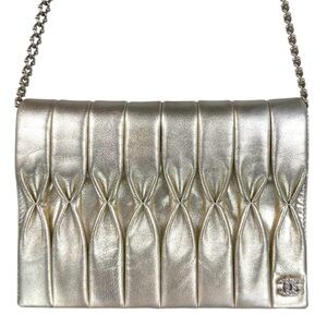 Authentic Chanel Silver Quilted Shoulder Bag with Chain Strap